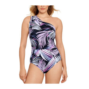 Swim Solutions One Piece Black Printed Swimsuit Size 14 0912